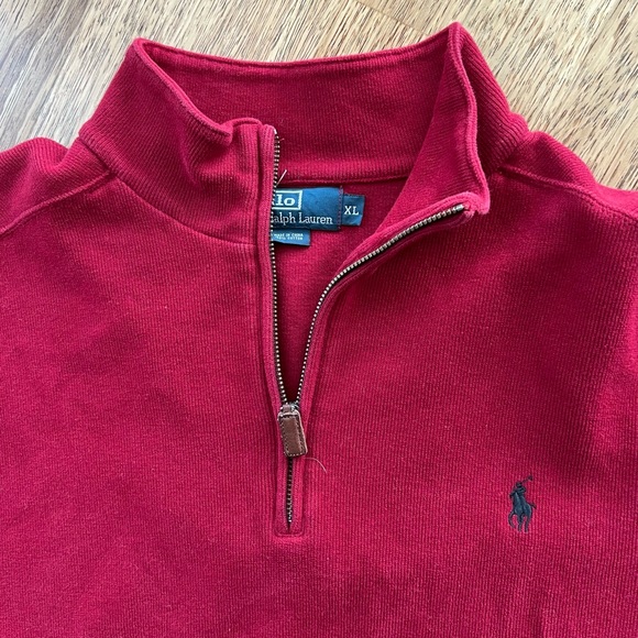 Polo Ralph Lauren 1/4 Zip Pima Cotton Sweater Mens XL Red Pullover Leather - Picture 4 of 4